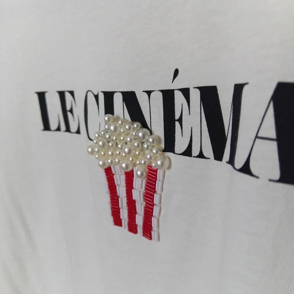 🪇2for$15 Ptp17" Zara Cotton White long sleeve 'Le Cinéma' Graphic Tee Xs - Picture 3 of 11